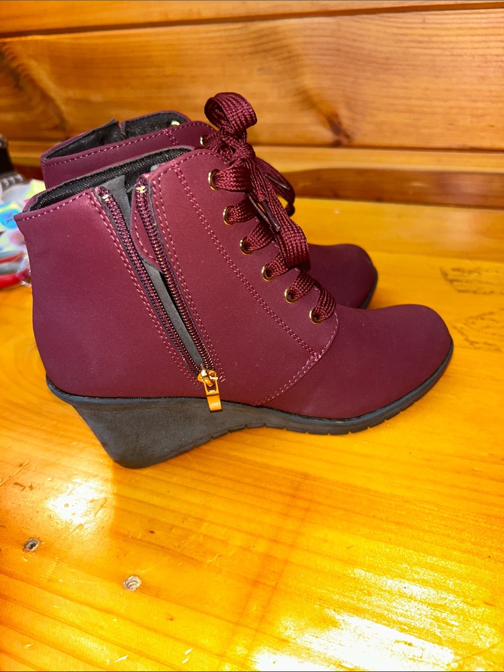 Source Unknown Burgundy Lace-Up Wedge Ankle Boots
